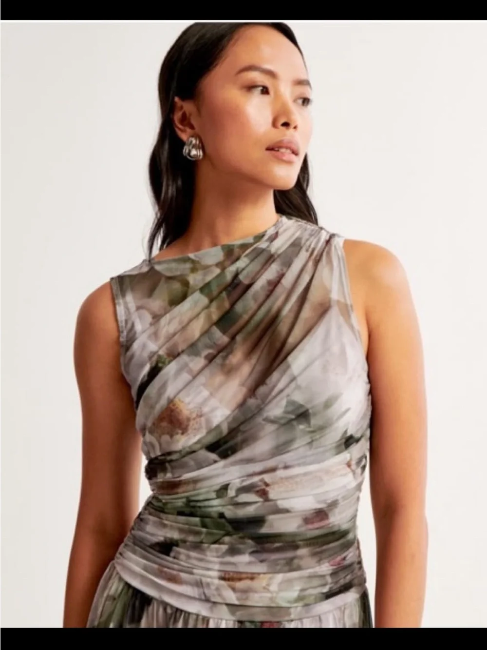 Abercrombie & Fitch Sleeveless Floral Maxi Dress in Olive, Taupe, and Cream